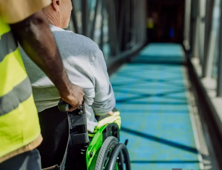 A person sitting in a wheelchair being assisted by an airport staff member. The image highlights accessibility services at airports, focusing on helping individuals with mobility challenges navigate through the terminal.