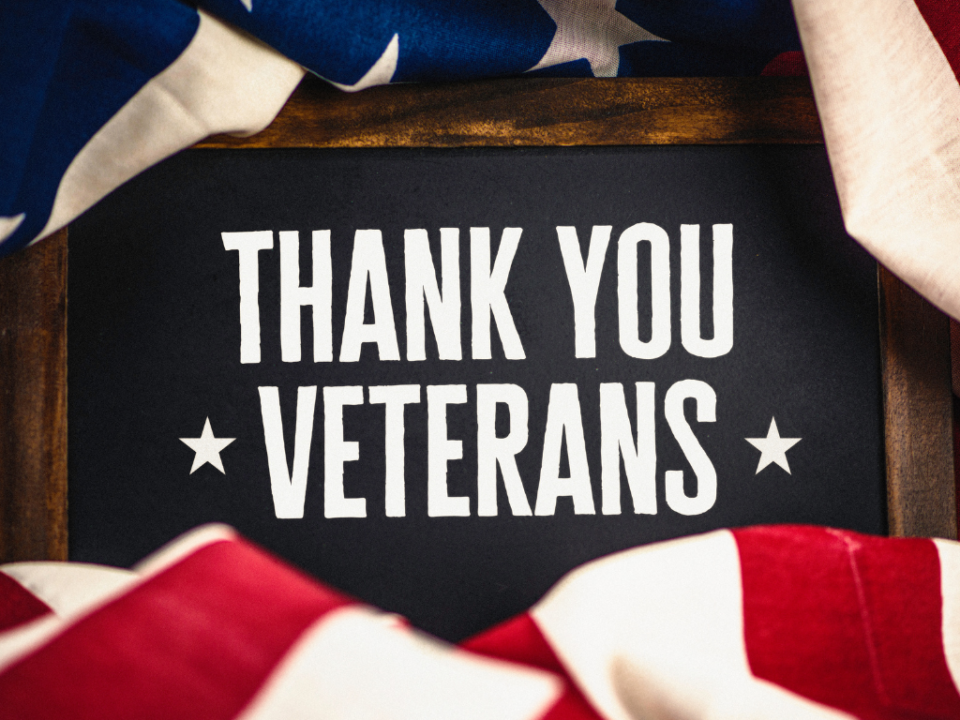 A chalkboard sign with the message ‘THANK YOU VETERANS’ written in bold white letters, framed by a backdrop of American flags in red, white, and blue, conveying appreciation for military service.